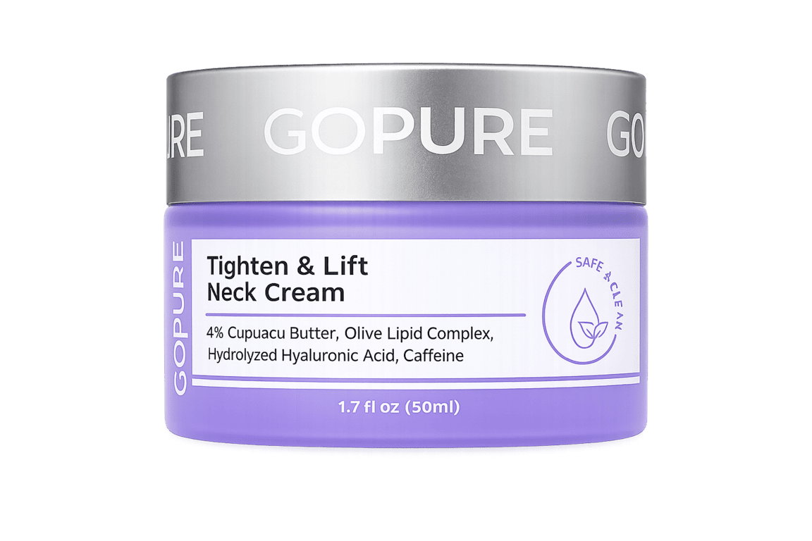 A container of GO PURE Tighten & Lift Neck Cream