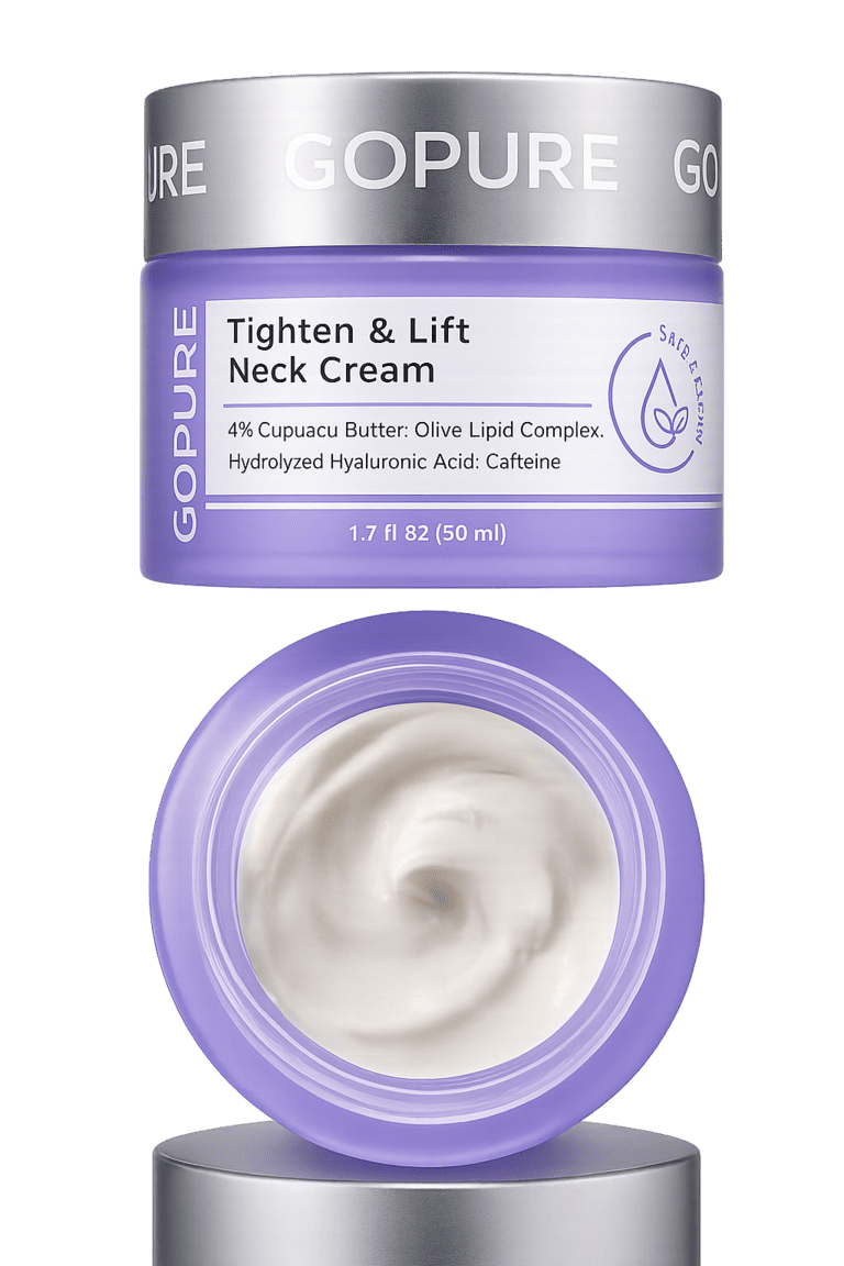 A jar of Gopure Tighten & Lift Neck Cream is displayed.