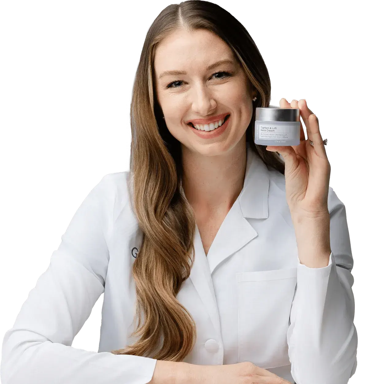A smiling woman in a white lab coat holds a skincare cream jar